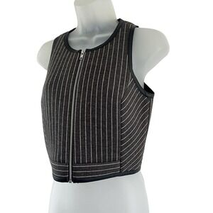 Jonathan Simkhai Vest Womens Medium Gray Pinstripe Wool Blend‎ Leather Trim Zip